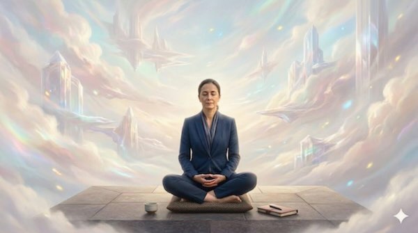 Woman in business suit meditating in surreal city landscape in a state of deep samadhi.